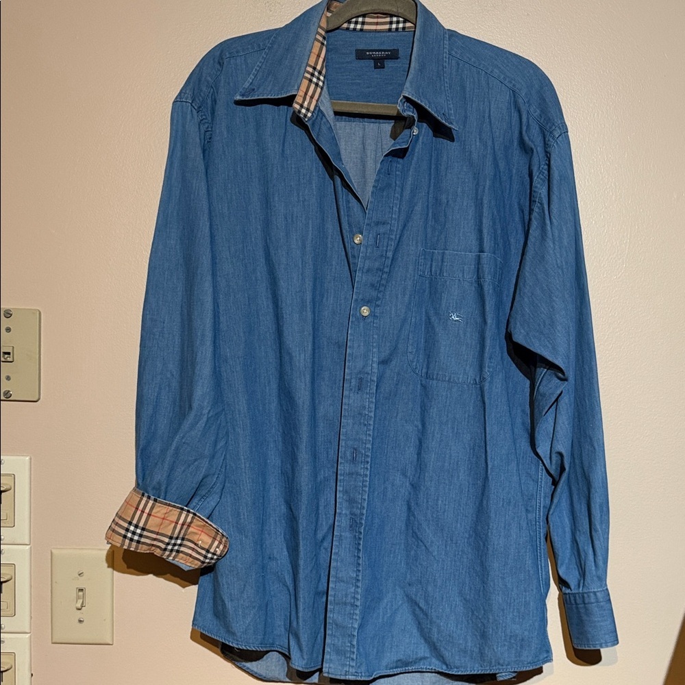 Burberry Blue Denim Shirt with Black Trim and Beige Plaid Collar - Picture 1 of 6